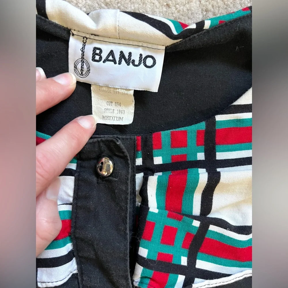 Vintage Banjo Dallas Black Plaid Cropped Western Shirt Size Medium Made in USA - Picture 4 of 7